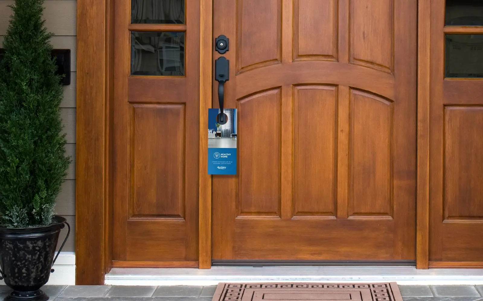 door hanger promo hanging on nice wood door