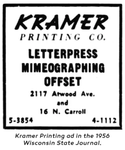 Kramer Printing ad in the 1956 Wisconsin State Journal